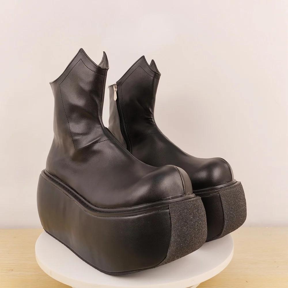 

Women's Black Leather Extreme Platform Ankle Boots Fashionable Boots with Oversized Chunky Sole Unique Cut Out Detail Footwear