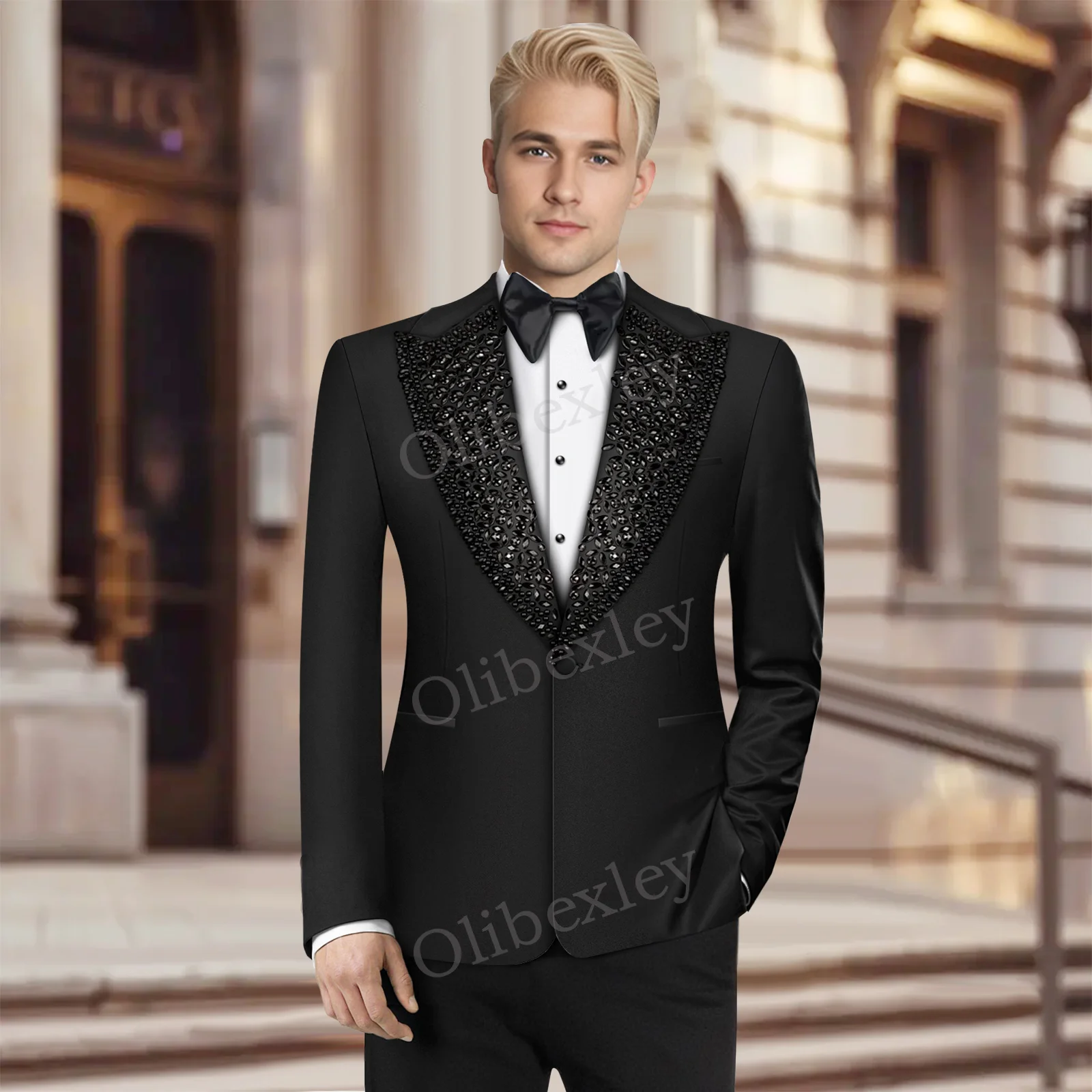 

Luxury Men's Suits High Quality 2 Pieces Beaded Crystals One Button Slim Fit Tuxedos Wedding Groom Business Dinner Party