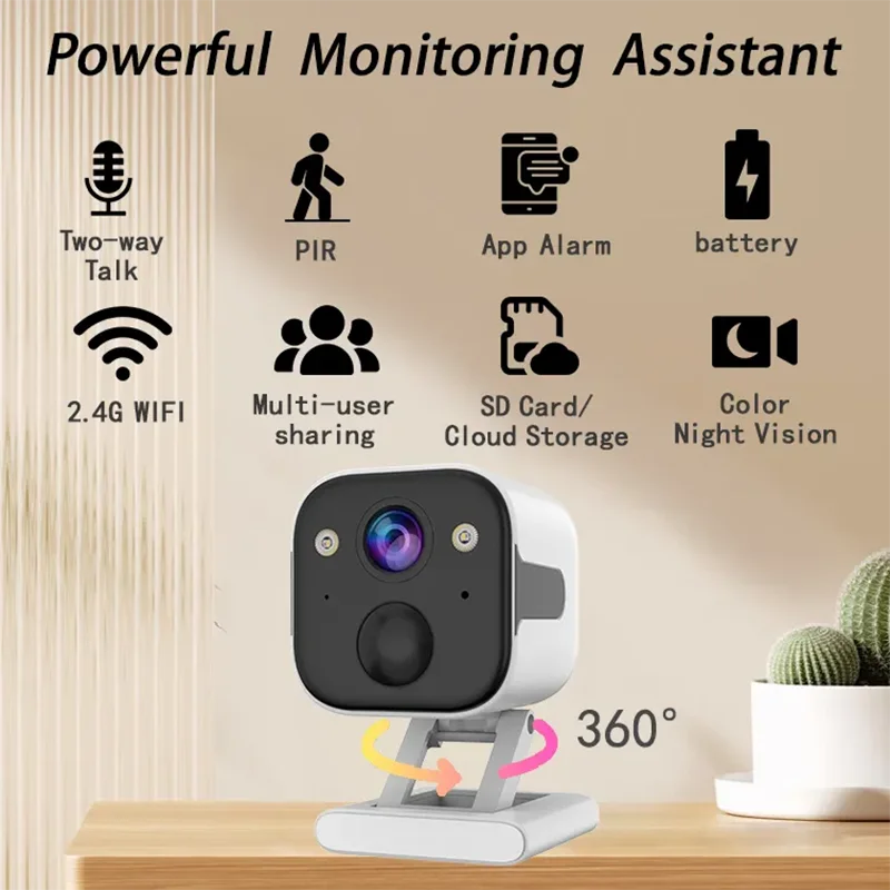 360 Panoramic View IP Camera Night Vision Auto Tracking Elderly Safety Abnormal Alarm Video Call WiFi Camera Built-in Battery