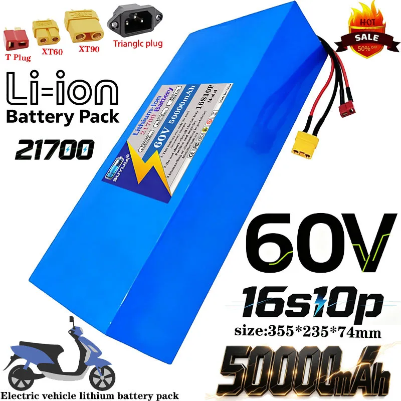 60V 50000mAh Lithium Battery Pack 21700 16S10P with 50A BMS 250-2000W High Power Electric Vehicle Scooter Motorcycle Tricycle