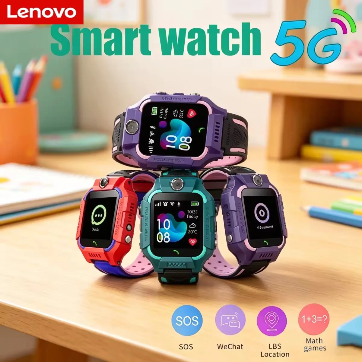 Lenovo 5G Wasserdichte Kinder-Smartwatch, 8K Kamera GPS-Tracker SOS-Notruf, SIM-Karten-Telefonfunktion, Android-kompatibel Geburtstagsgeschenk