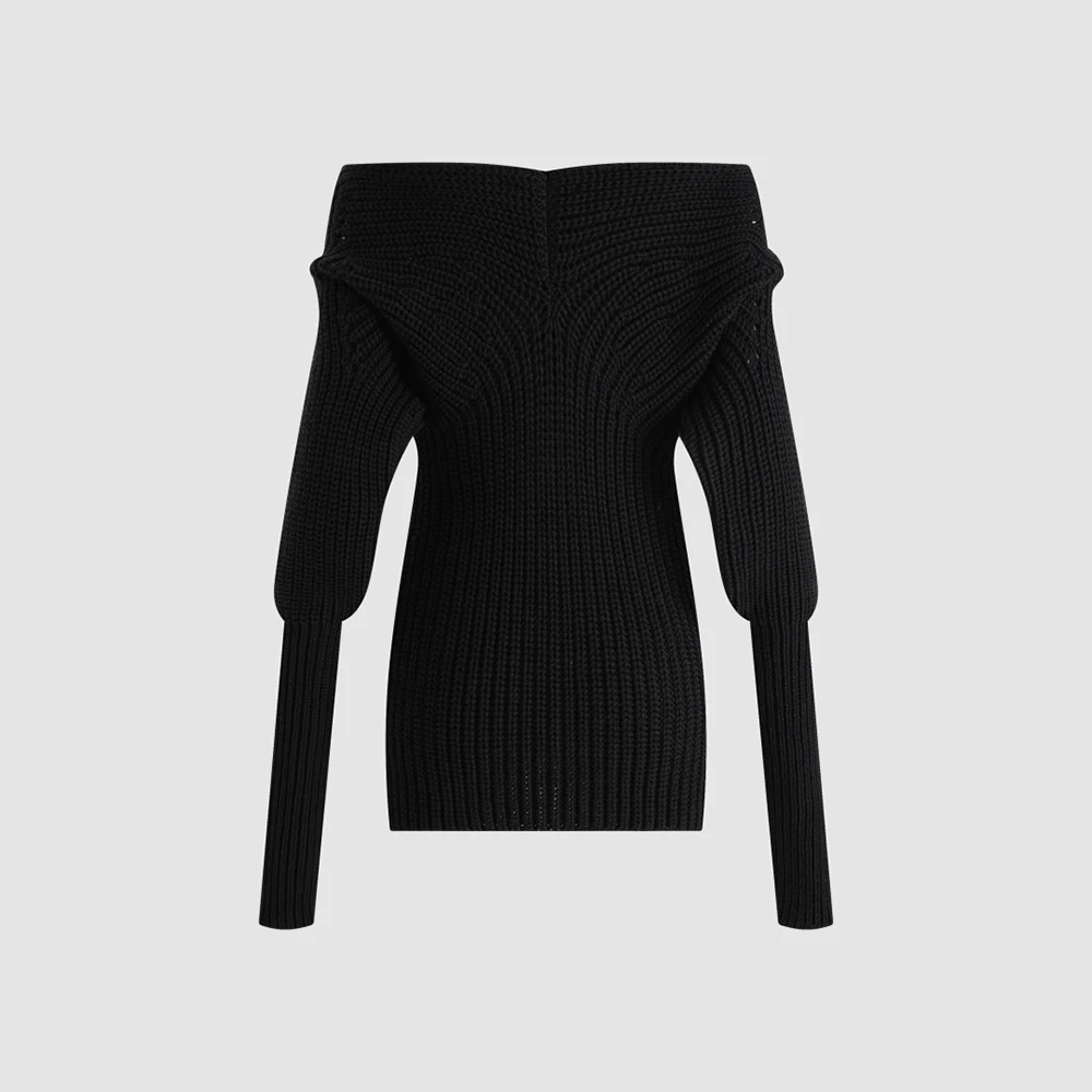 Women 100% Wool Knitted Sweater Off Shoulder Long Sleeve Ribbed Jumper, Slim Warm Pullover, Winter Chic Lady Fashion Knit Top