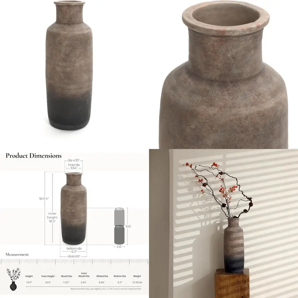

19 Inch Ombre Terracotta Rustic Large Floor Vase for Living Room Decor, Farmhouse Style Pottery, Brown Tones Decorative Vessel