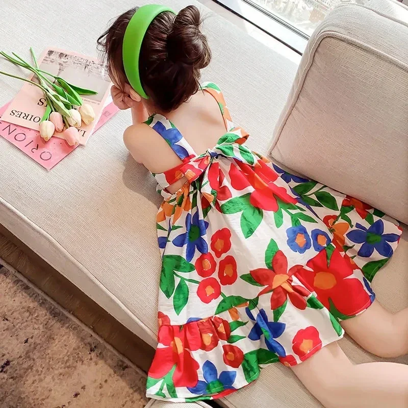 

Girls Dresses 2024 Summer Baby Girl Casual Dress Toddler Floral Print Sleeveness Fashion Girls Princess Dresses Kids Clothes