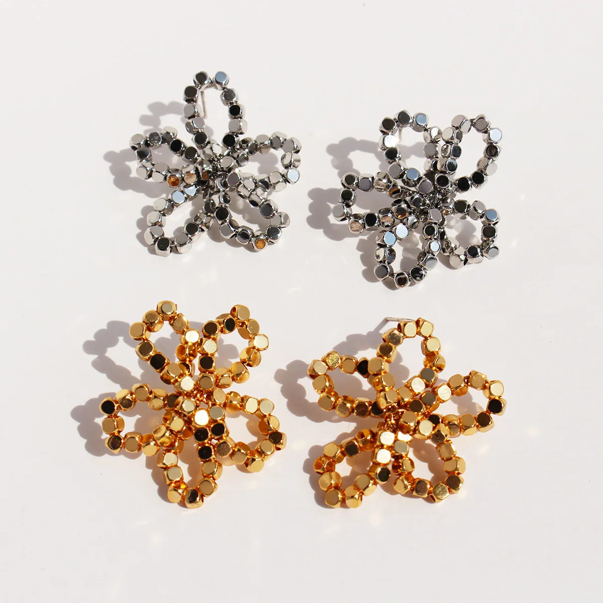 Handwoven Metal Square Bead Petal Earrings,Trendy Stylish Flower golden ear accessory for women