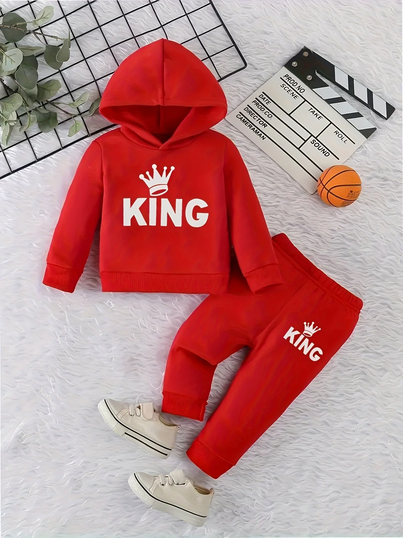 เด็กทารก KING Crown รูปแบบขนแกะ Hoodie + กางเกงลําลองชุดสองชิ้นชุดกีฬาฤดูใบไม้ผลิและฤดูใบไม้ร่วง