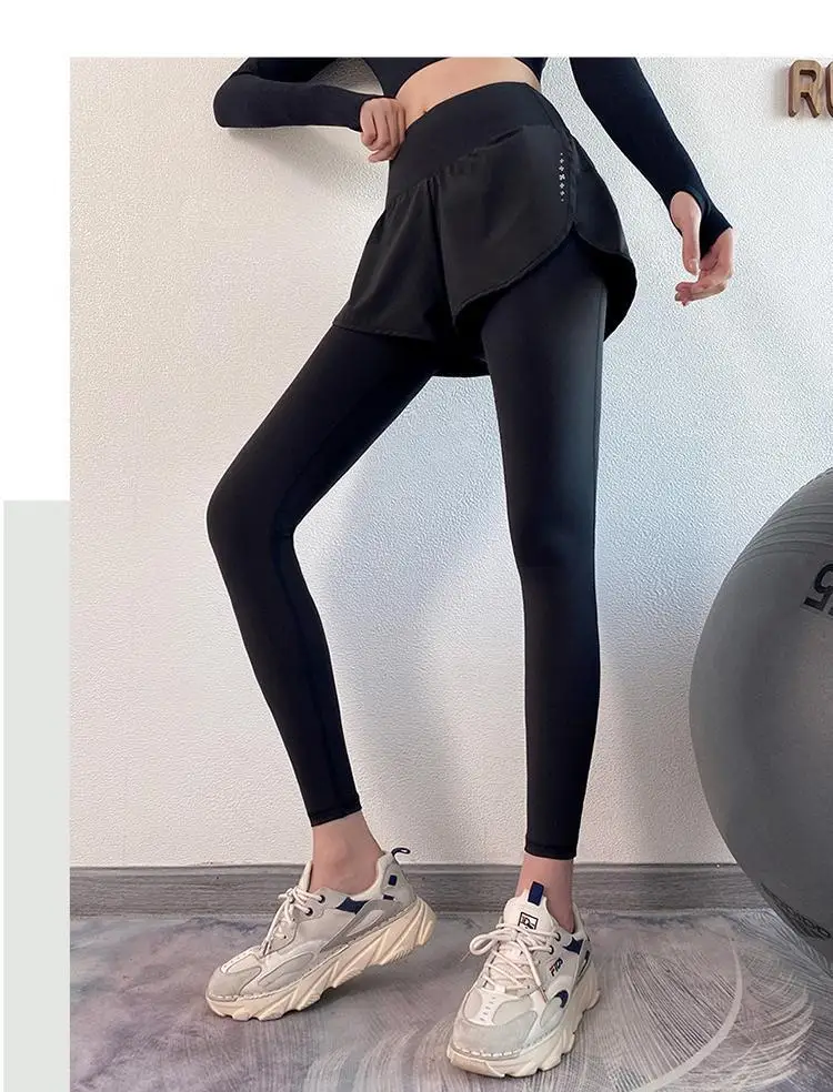 Damen-Herbst-Zwei-in-Eins-Leggings – Lauf-Yogahose mit hoher Taille und schlankmachendem Rocksaum, 4-Wege-Stretch von Studio to Street – Detail 2