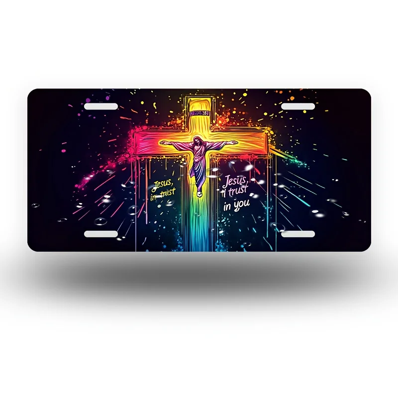 Jesus on the Cross with Colorful Splashes Front License Plate, Aluminum License Plate Covers & Frames – Funny Standard Novelty D