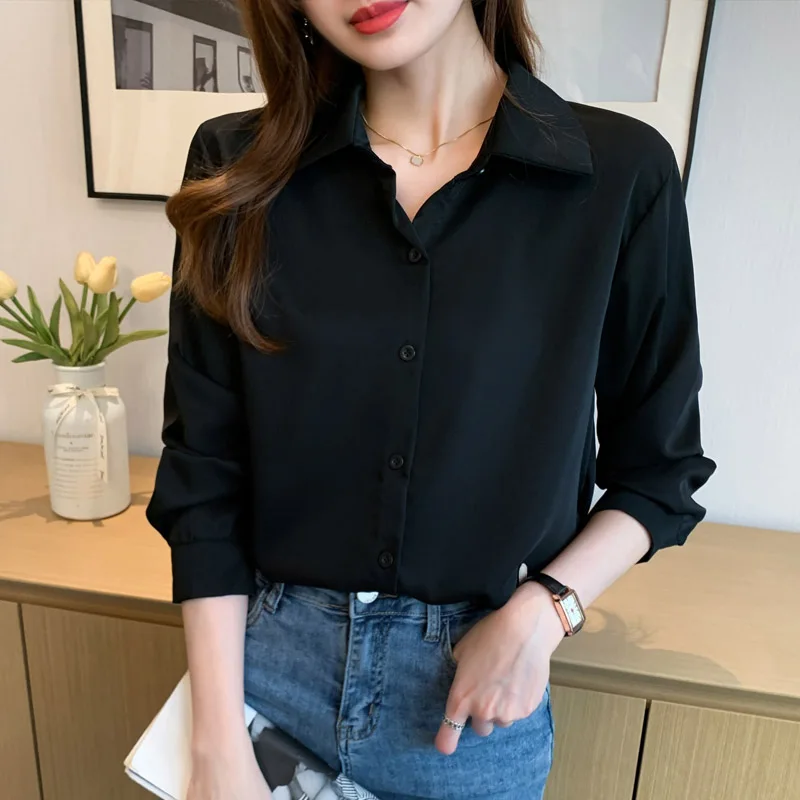 Autumn New Korean Version Vintage Minimalist Shirt Women Clothing Fashion Solid Long Sleeve Blouses Office Lady Solid Career Top