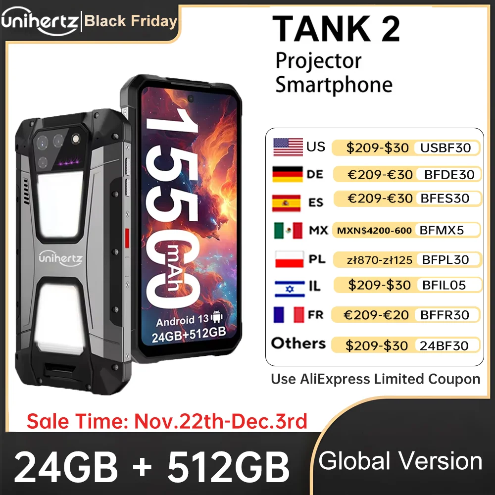 Unihertz TANK 2 Projector phone 22GB 256/512GB 32MP 108MP 64MP Night Vision Double Camping Light 15500mAh G99 Support TF SD NFC