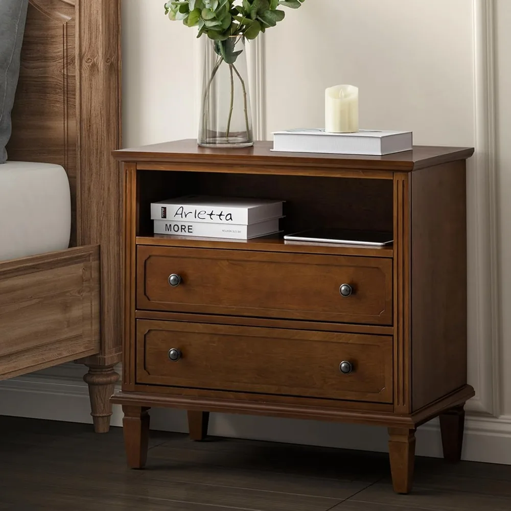 Nightstand with Charging Station, Transitional End Table with USB Ports & Outlets, Fluted Pilasters Design Wood 2 Drawers