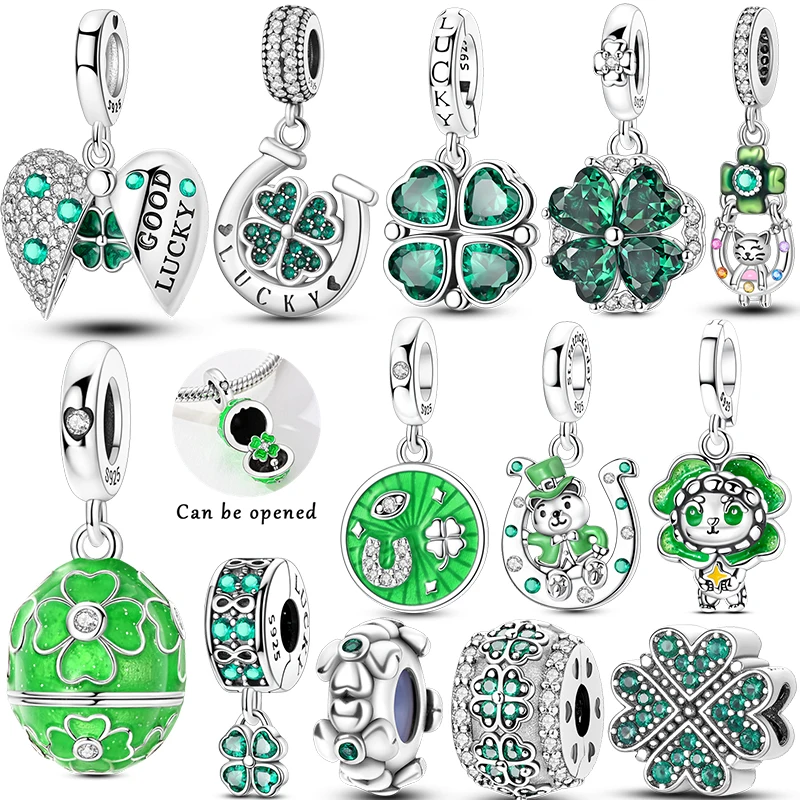 

Lucky Clover Charms Bead 925 Sterling Silver Green Zircon Love Four-leaf Clover Pendant Fit Original Bracelet DIY Jewelry Gift