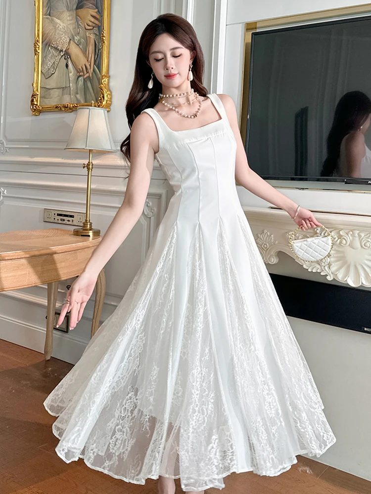 Elegante Dameskleding Kant Vrouwen Witte Sling Maxi Jurk Sexy Vierkante Hals Slanke Formele Feestjurk Gewaad Mode Vestidos Mujer Nieuw