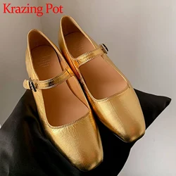 Krazing Pot Cow Leather Square Toe Buckle Straps Women Spring Modern Gold Mature Fashion Golden Mary Janes Summer Ballet Flats