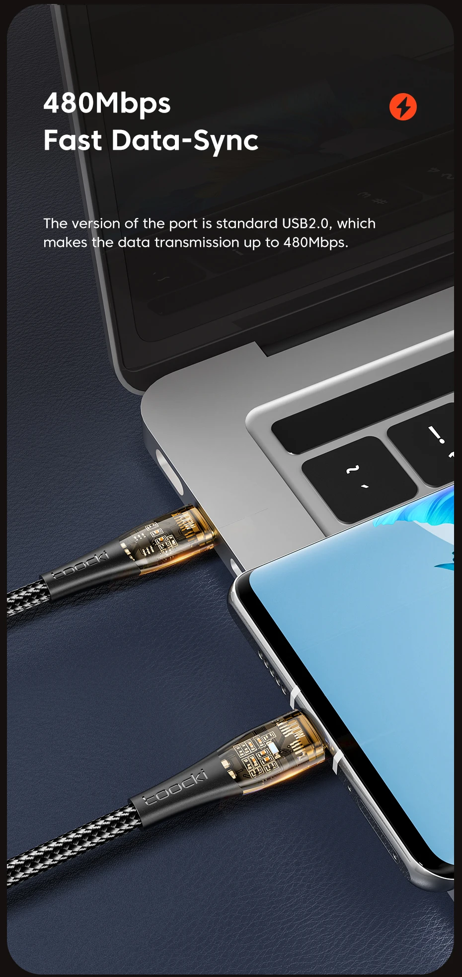Toocki PD100W/60W Schnellladekabel USB-C zu USB-C für MacBook Air MateBook Samsung 5A Quick Charge Typ-C zu Typ-C Datenkabel – Detail 8