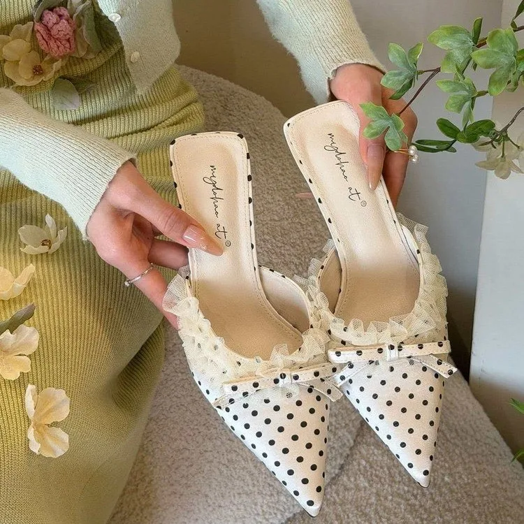 Fashionable Bow Lace Trimmed Women's Slippers 2026 Spring and Summer New Pointed Toe French Elegant High-heeled Slippers