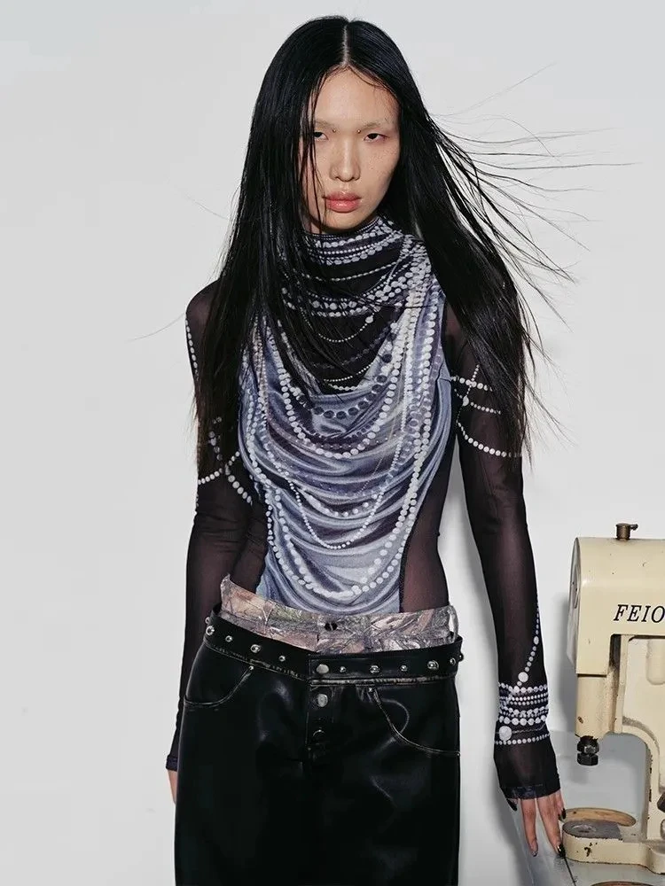 

Harajuku футболка с длинным рукавом и принтом жемчужной цепочки, женская осенняя сексуальная Y2k, облегающие прозрачные укороченные топы, винтажная уличная одежда