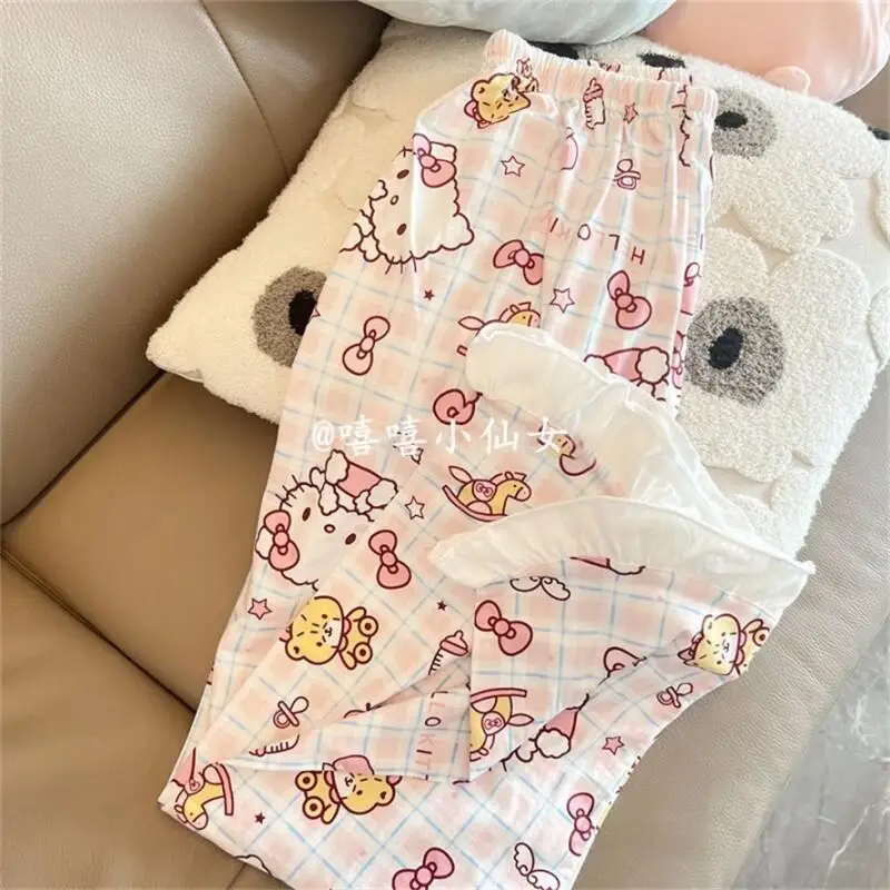 Conjunto de ropa para el hogar para estudiantes, pijamas KT con lazo dulce y bonito para primavera y otoño, ropa de abrigo Sanrio para niñas, sudaderas de Hello Kitty para mujeres