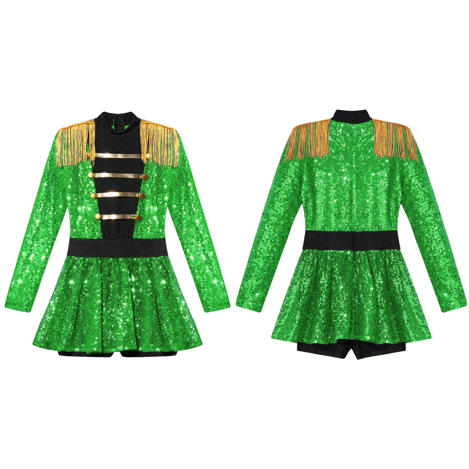 Majorett Outfit Kids Girls Tassel Epaulet Shiny Sequin Leotard Dress Halloween Ringmaster Circus Costume Lion Tamer Fancy Dress