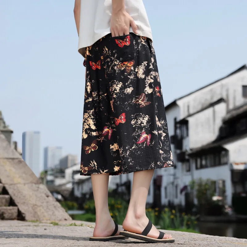 Men's Stylish Summer Printed Wide Leg Cropped Pants Casual Beachwear Elastic Waist Tropical Patterns Bottoms M-XXXXXL