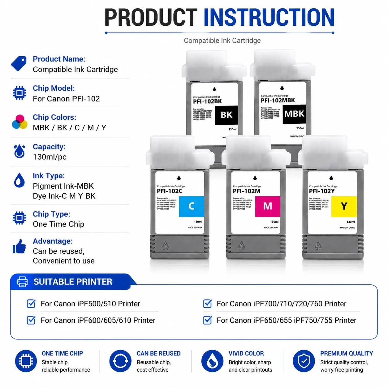 PFI 102 PFI-102 PFI102 Ink Cartridge Compatible for Canon iPF650/iPF655/iPF750/755/iPF500/510/iPF600/605/610 iPF700/710 Printer