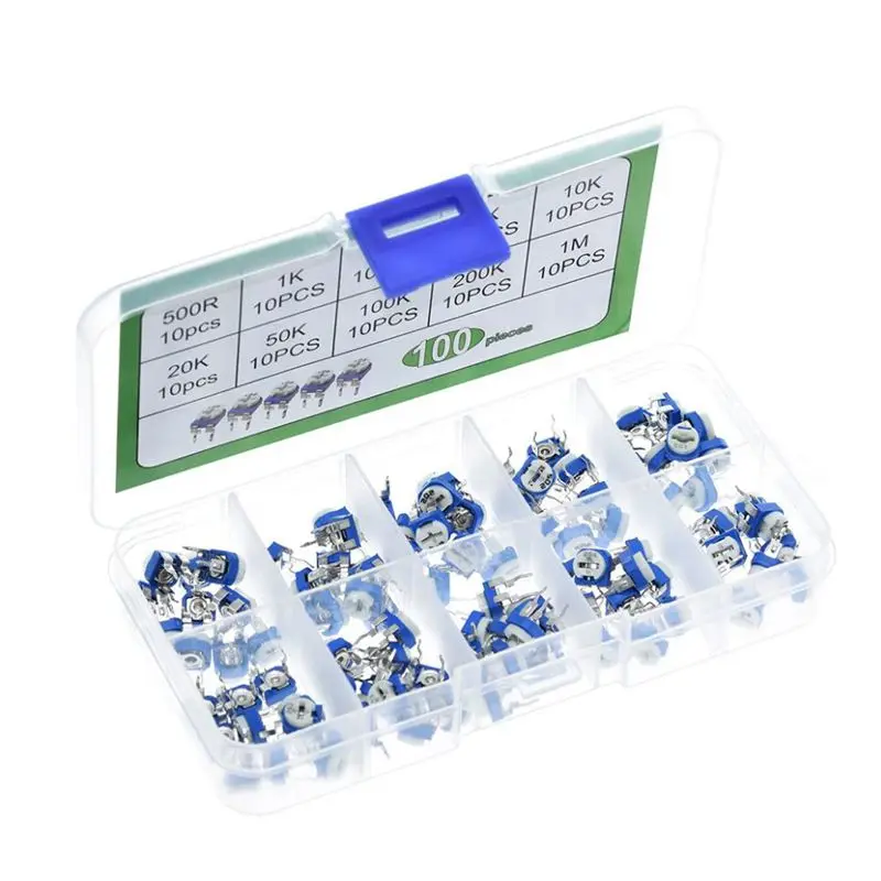 100 박스당 RM065 전위차계 가변 저항기 키트, 500 Ohm -1M Ohm 트리머 전위차계 세트, 1K, 10K, 100K