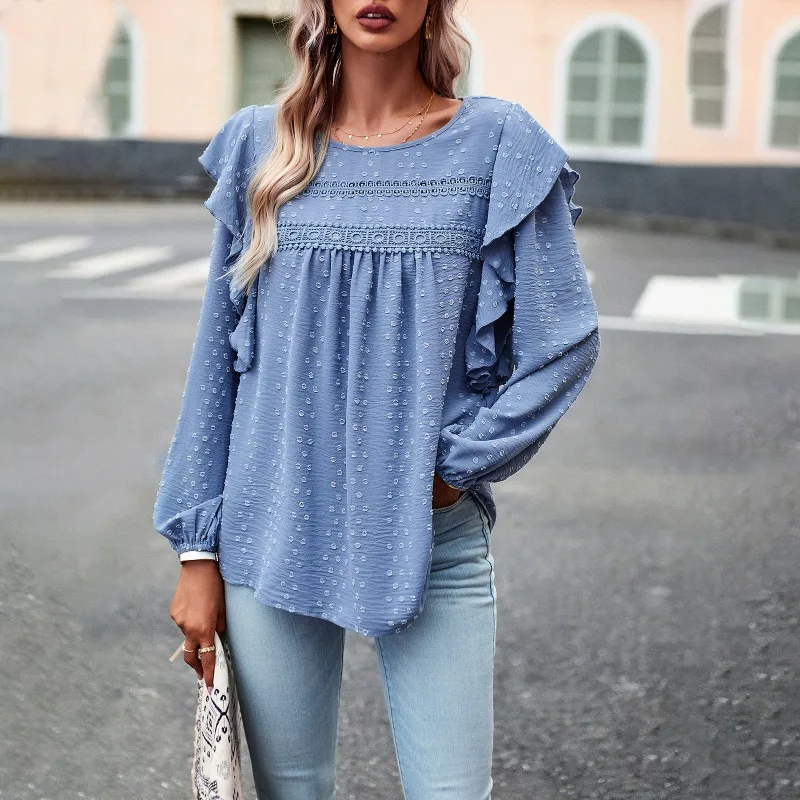 2023 Autumn Winter New Blouse Top Women's Lace Pleated Stitching Solid Color Shirt Women Ruffles Puff Sleeve Round Neck Shirt