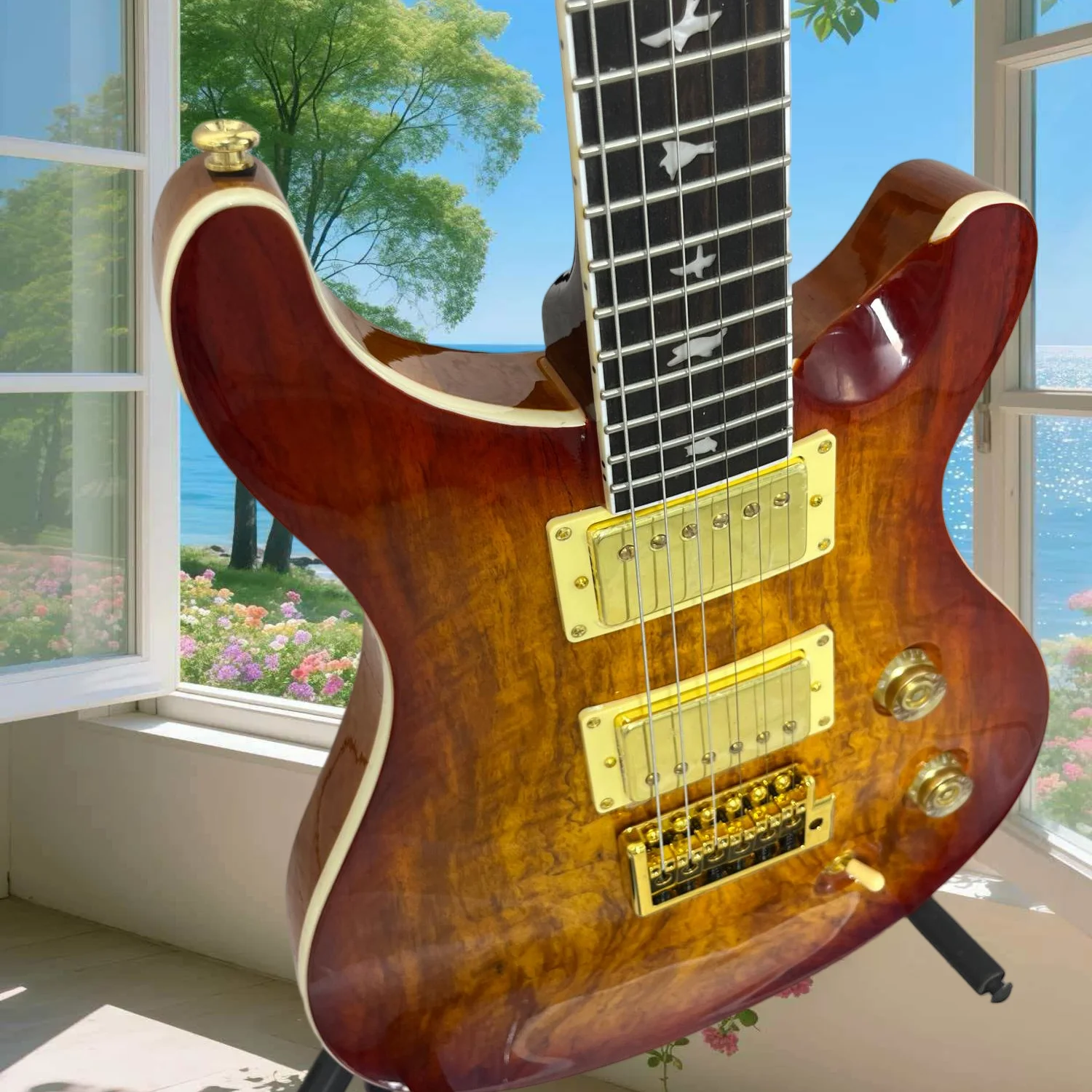 

Бесплатная доставка: Электрогитара с 6 струнами, цельным корпусом из древесины PRS Burl Top, инкрустацией в виде птиц, для рок-музыки, с отделкой под состаренное дерево