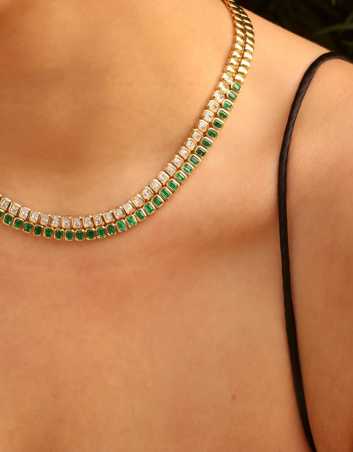 Luxury Emerald Rectangle CZ Tennis Necklaces for Women Paved Green Cubic Zirconia Gold Plated Color Fashion Jewelry for Party