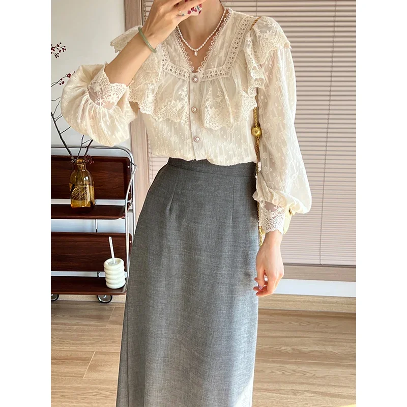 Vintage French Shirts Women Elegant Lace Long Sleeve Flounce Blouse Female Sweet High Quality Office Lady Fashion Tops Mujer New