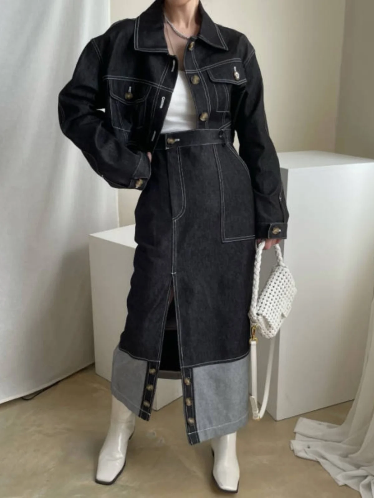 

Dongda Gate Women's High Waist Denim Jaet And f Skirt Set Straight Stitching Sla Design Cotton Spring Faion Outfit