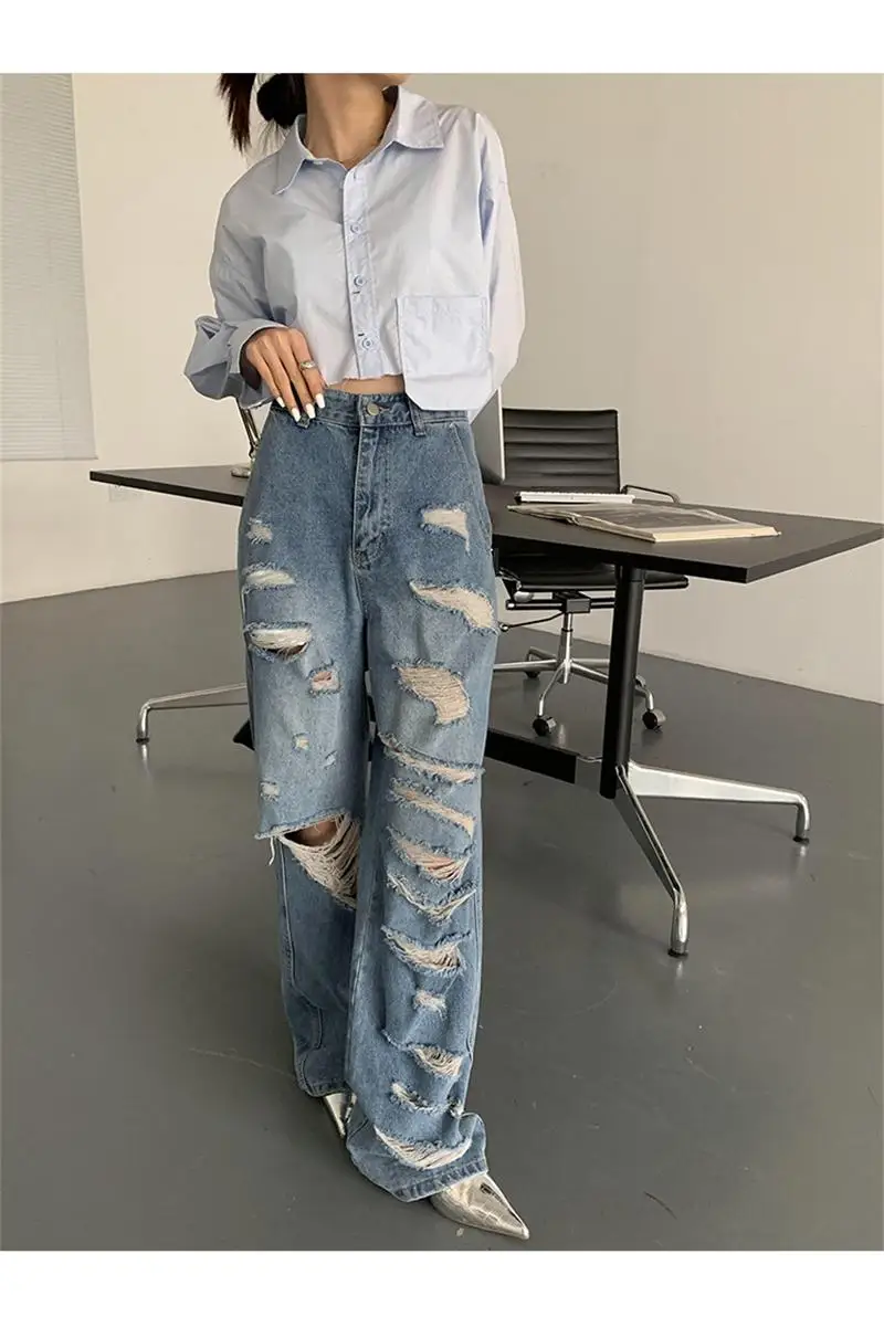 

Women's Jeansdesign Sense Multiple Ripped Jeans Women's 2023 Summer Ins Net Red Personality All-Match Wide-Leg Pants Straight