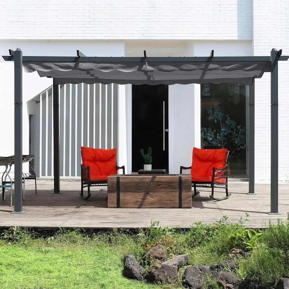 

Серая алюминиевая беседка 10x10 с выдвижным солнцезащитным козырьком, навесом для сада и патио с виноградной решеткой