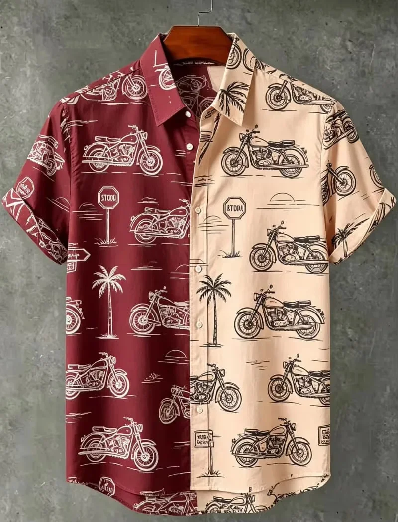 Two Tone Spliced Fruit Cartoon Animal Print Short Sleeved Men's Casual Unique Contrasting Color Daily Wear Shirt