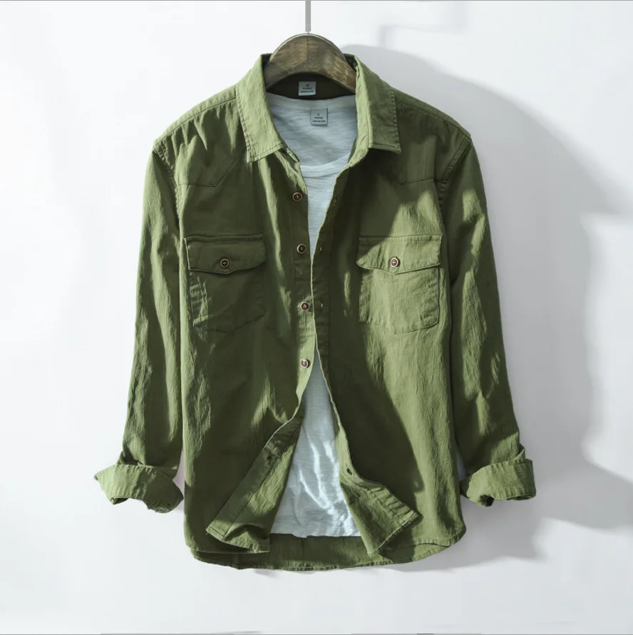 97% Cotton 3% Spandex Man Denim Shirt Quality Spring Autumn Long Sleeve Male Pocket Army Green Men Jean Casual Cowboy Shirts