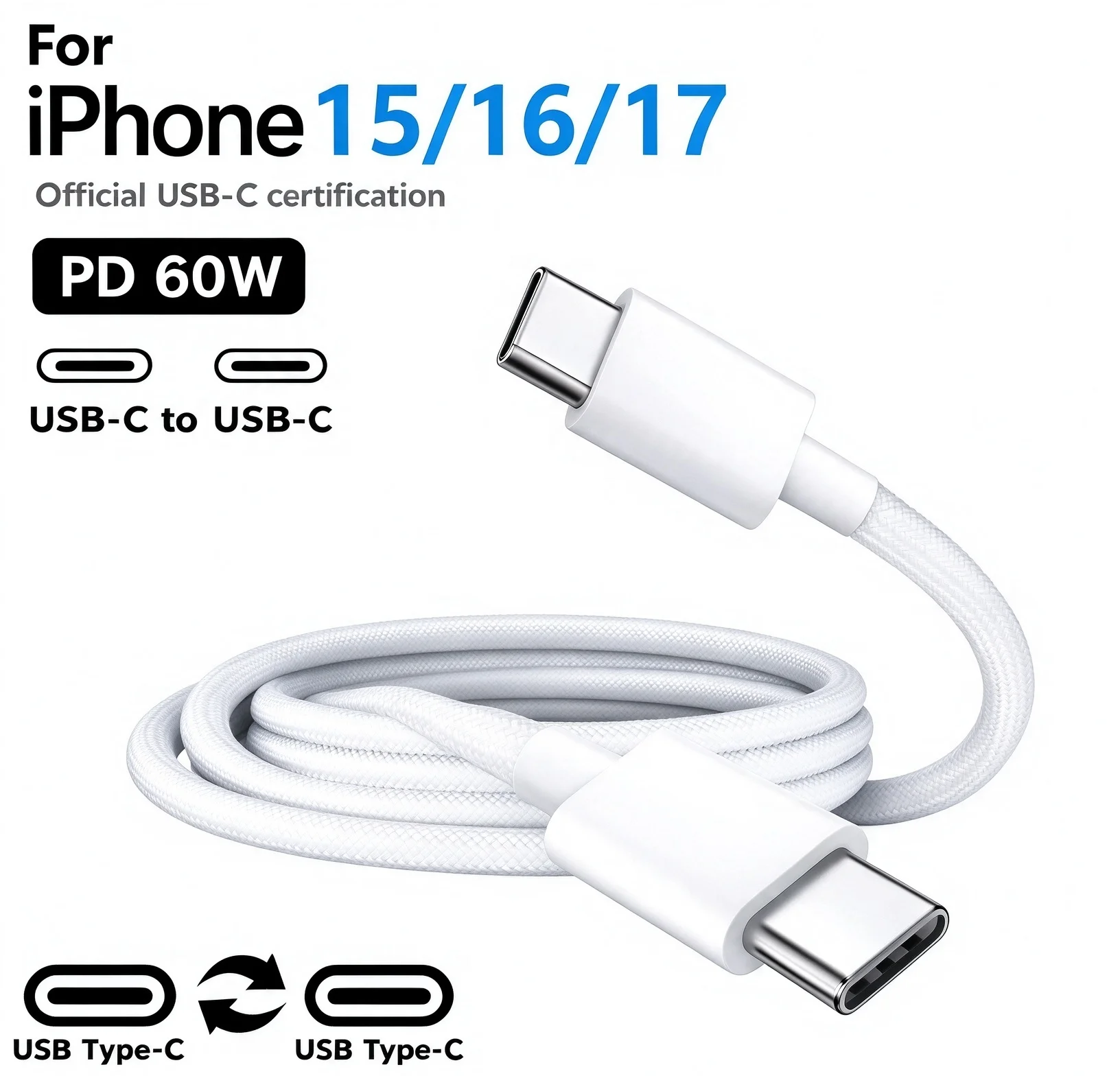 60W Type C Cable Data Line For Iphone 15 16 17 Samsung Xiaomi Fast Charging USB C Cable Type C Data Charger 1m 2m
