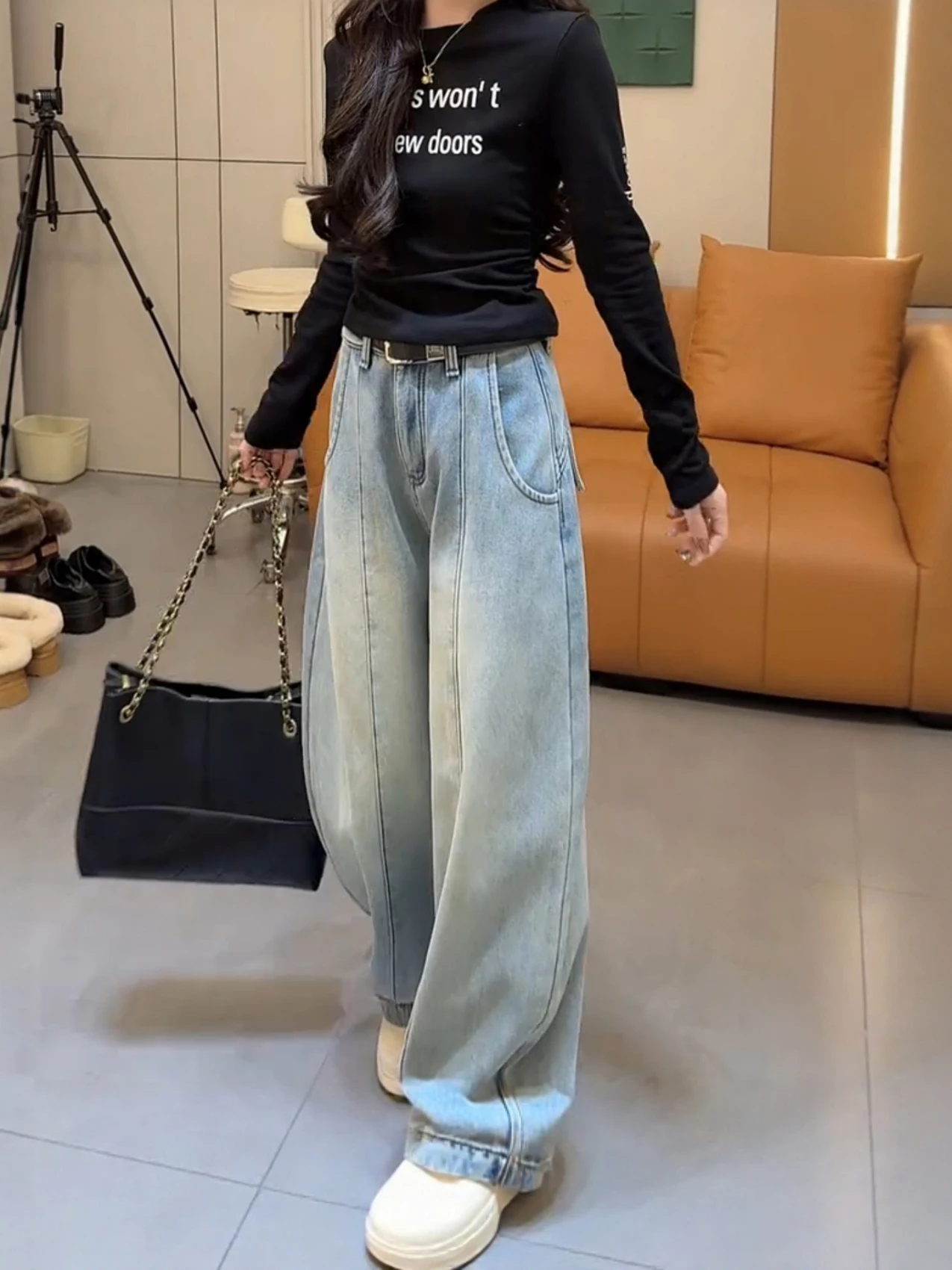 

Джинсы с высокой талией и широкими штанинами для женщин, американский дизайн, длинные джинсы-клеш, утягивающие брюки для полных размеров