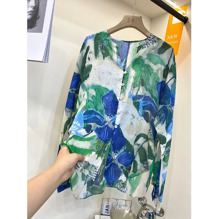 

Spring V-Neck Long Sleeve Blouse Women's Dyeing Printing Loose Cotton Top Holiday Style Sun Protection Unique Design Sense
