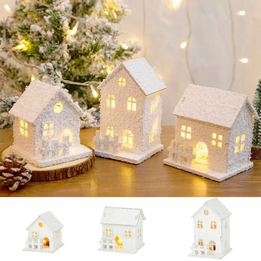 Ornament Mini Christmas LED Light Wooden House White Luminous Glowing Castle with Snowflake Desktop