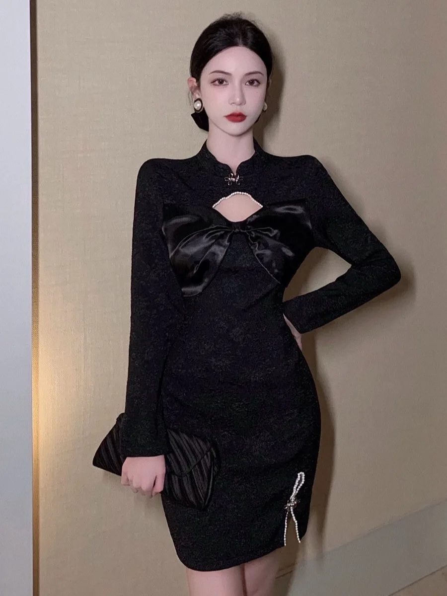 

Ретро-китайское платье для похудения, сексуальное, с вырезами, с узлом, длинное, модное повседневное платье для молодых женщин