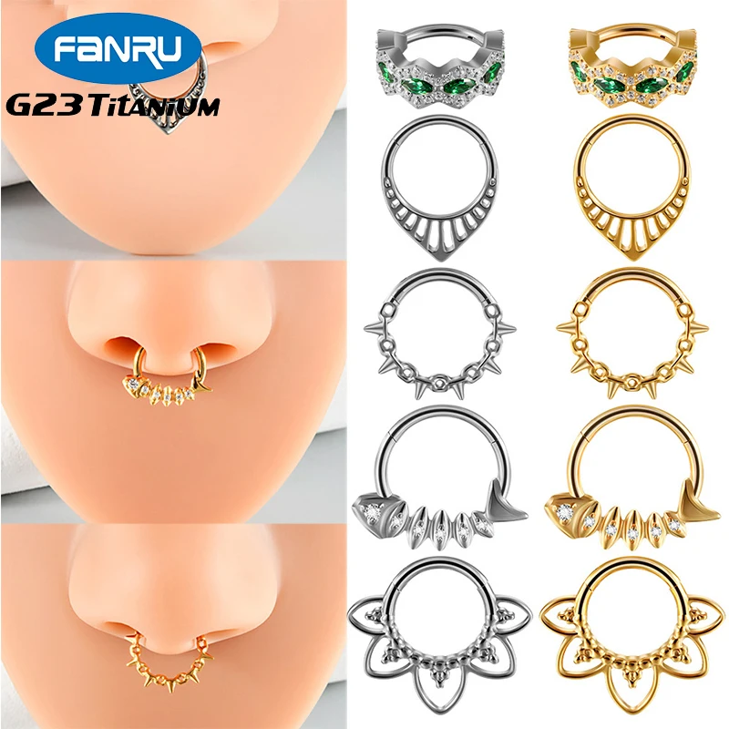 

2Pcs G23 Titanium Goth Earrings Hinged Segment Septum Nose Ring Clicker Cartilage Conch Daith Hoop CZ Titanium Piercing Jewelry