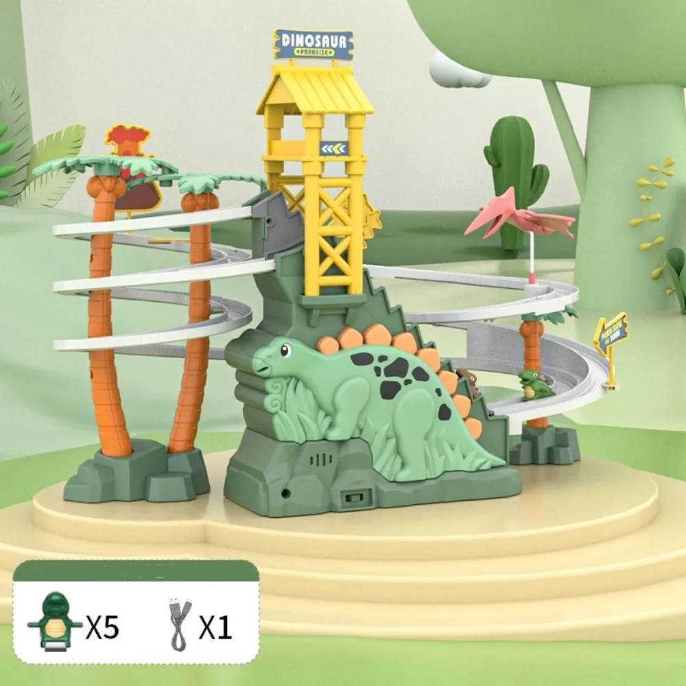 with Light Music Electric Dinosaur Race Track Double Track Kid Gift Dinosaur Climbing Slide Stairs Cartoon Dinosaur