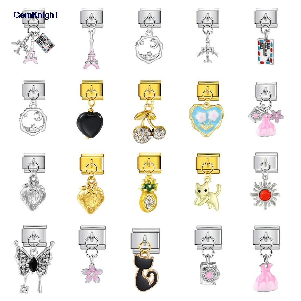 1pc colorido pingente tag avião torre saia sol gato link italiano caber 9mm pulseira de aço inoxidável fazendo diy encantos jóias contas
