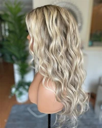 Curly Lace Frontal Wig for Women Ombre Ash Blonde Custom Made synthetic Hair Wig Real Transparent Natural Highlights Dark Blond