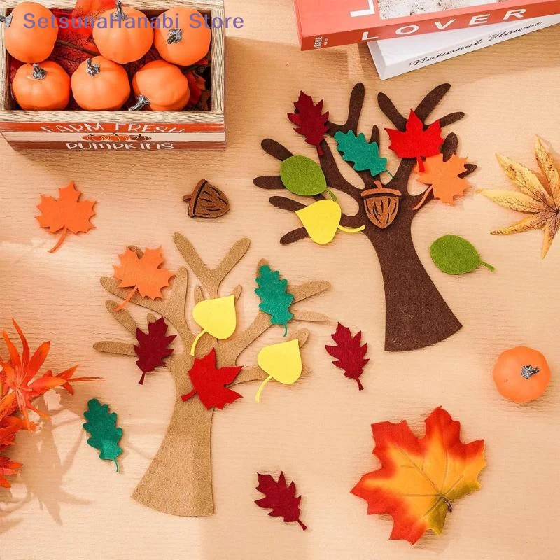 [W]48Pcs Felt Tree DIY Craft Kit Autumn Leaf Non Woven Ornament Reusable Wall Hanging Decor For Thanksgiving Home Party