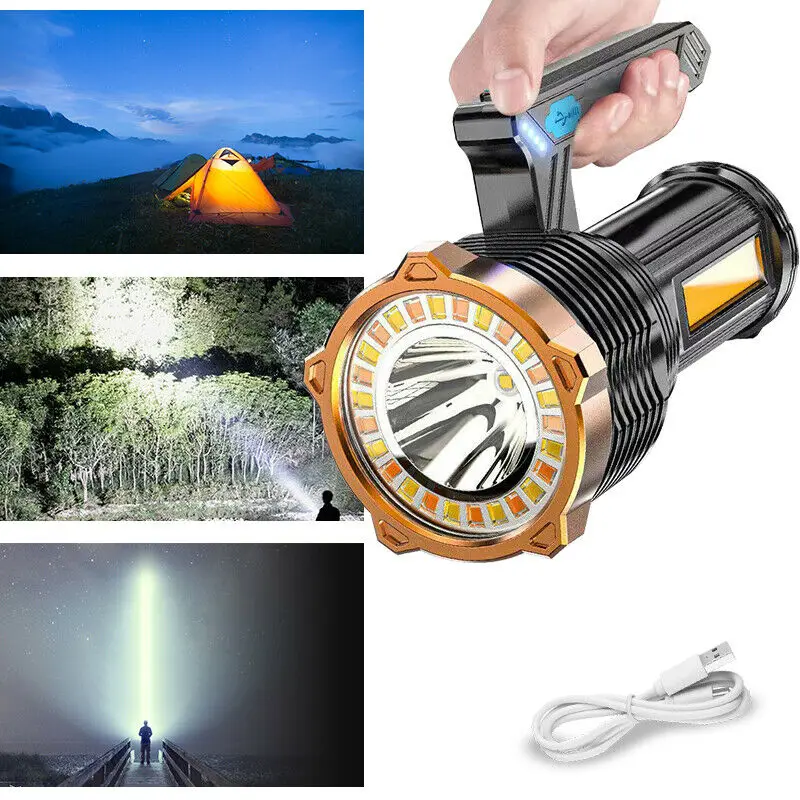 Portable LED+COB Flashlight USB Rechargeable Camping Torch Outdoor Spotlight Hand Held Searchlight Waterproof Lantern with Hook