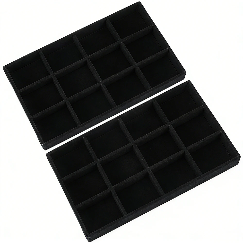 2Pcs Black Stackable Jewelry Organizer Trays Velvet Jewelry Drawer Inserts 12 Slots Organizer Trays for Ring Earring Holder