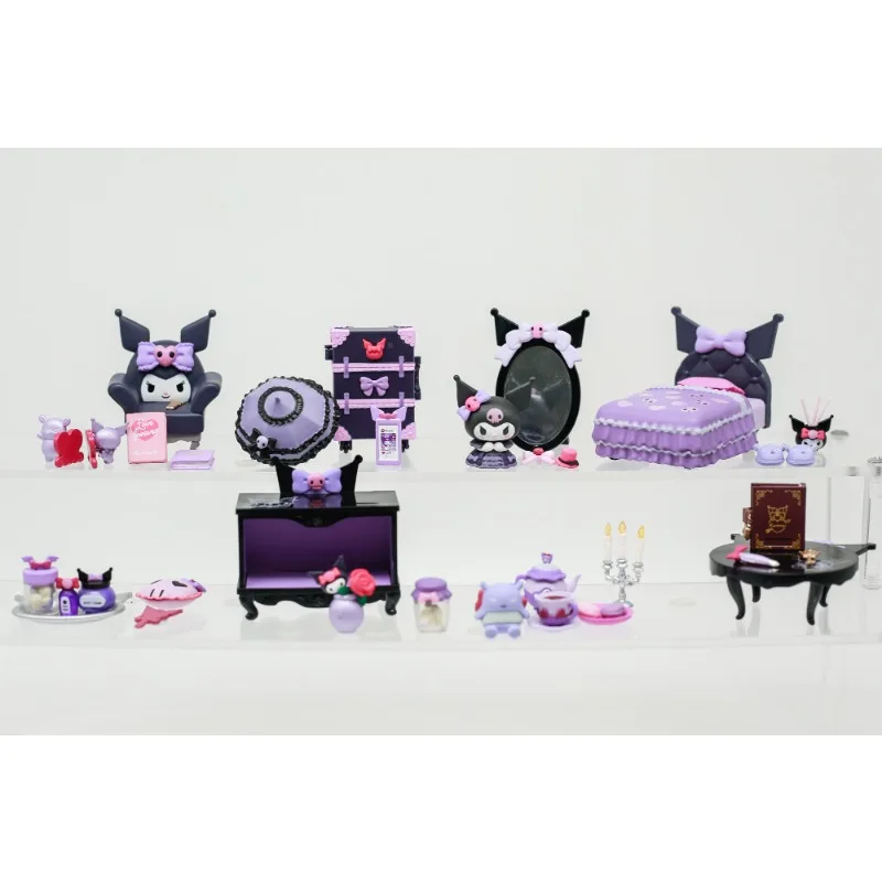 Re-ment 8 szt./zestaw Sanrio Kuromi Gotycki Pokój Fioletowa Miniaturowa Scena Niespodzianka Figurki Anime Lalki Prezenty Zabawki Kolekcjonerskie Ozdoby