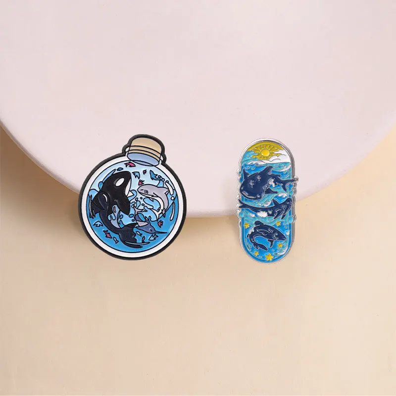 Capsule Shape Ocean Wave Shark Sun Star Enamel Pin, Sea Creature Brooch With Blue White Color For Marine Lovers And Casual Style