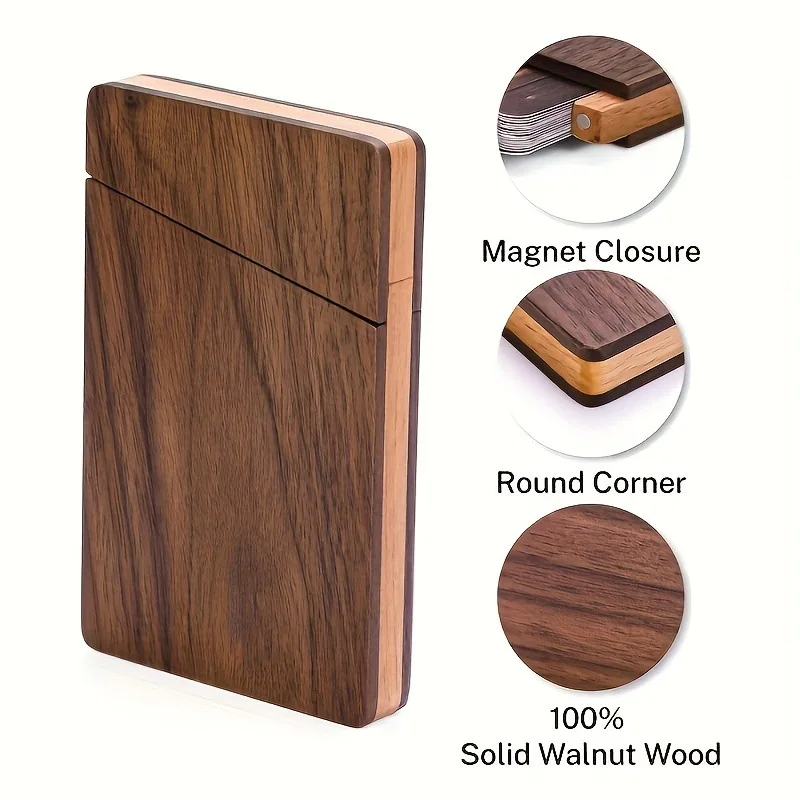 Walnut Wood Business Card Storage Box, Solid Wood Desktop Name Card Holder for Office Desk